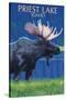 Priest Lake, Idaho - Moose at Night-Lantern Press-Stretched Canvas