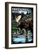 Priest Lake, Idaho - Moose Scratchboard-Lantern Press-Framed Art Print