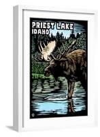 Priest Lake, Idaho - Moose Scratchboard-Lantern Press-Framed Art Print
