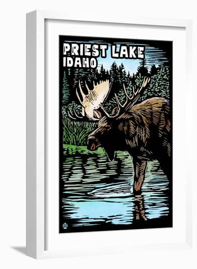 Priest Lake, Idaho - Moose Scratchboard-Lantern Press-Framed Art Print