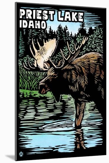 Priest Lake, Idaho - Moose Scratchboard-Lantern Press-Mounted Art Print