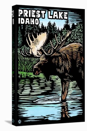 Priest Lake, Idaho - Moose Scratchboard-Lantern Press-Stretched Canvas