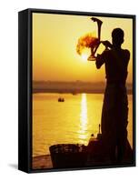 Priest Moves Lantern in Front of Sun During Morning Puja on Ganga Ma, Varanasi, India-Anthony Plummer-Framed Stretched Canvas