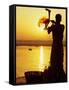 Priest Moves Lantern in Front of Sun During Morning Puja on Ganga Ma, Varanasi, India-Anthony Plummer-Framed Stretched Canvas