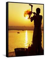 Priest Moves Lantern in Front of Sun During Morning Puja on Ganga Ma, Varanasi, India-Anthony Plummer-Framed Stretched Canvas