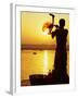 Priest Moves Lantern in Front of Sun During Morning Puja on Ganga Ma, Varanasi, India-Anthony Plummer-Framed Premium Photographic Print