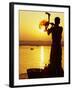 Priest Moves Lantern in Front of Sun During Morning Puja on Ganga Ma, Varanasi, India-Anthony Plummer-Framed Premium Photographic Print
