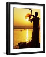 Priest Moves Lantern in Front of Sun During Morning Puja on Ganga Ma, Varanasi, India-Anthony Plummer-Framed Photographic Print