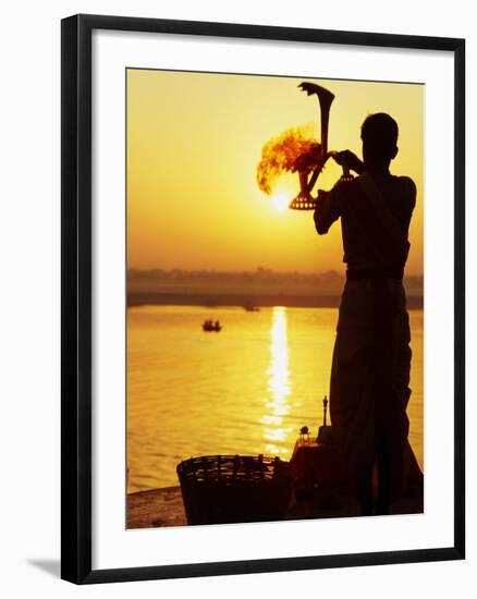 Priest Moves Lantern in Front of Sun During Morning Puja on Ganga Ma, Varanasi, India-Anthony Plummer-Framed Photographic Print