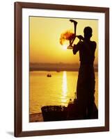 Priest Moves Lantern in Front of Sun During Morning Puja on Ganga Ma, Varanasi, India-Anthony Plummer-Framed Photographic Print