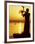 Priest Moves Lantern in Front of Sun During Morning Puja on Ganga Ma, Varanasi, India-Anthony Plummer-Framed Photographic Print