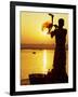 Priest Moves Lantern in Front of Sun During Morning Puja on Ganga Ma, Varanasi, India-Anthony Plummer-Framed Photographic Print