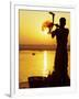 Priest Moves Lantern in Front of Sun During Morning Puja on Ganga Ma, Varanasi, India-Anthony Plummer-Framed Photographic Print