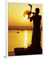 Priest Moves Lantern in Front of Sun During Morning Puja on Ganga Ma, Varanasi, India-Anthony Plummer-Framed Photographic Print