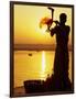 Priest Moves Lantern in Front of Sun During Morning Puja on Ganga Ma, Varanasi, India-Anthony Plummer-Framed Photographic Print