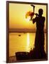 Priest Moves Lantern in Front of Sun During Morning Puja on Ganga Ma, Varanasi, India-Anthony Plummer-Framed Photographic Print