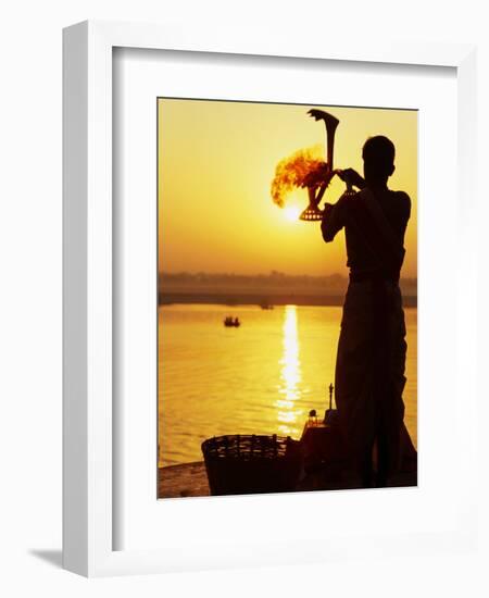 Priest Moves Lantern in Front of Sun During Morning Puja on Ganga Ma, Varanasi, India-Anthony Plummer-Framed Photographic Print