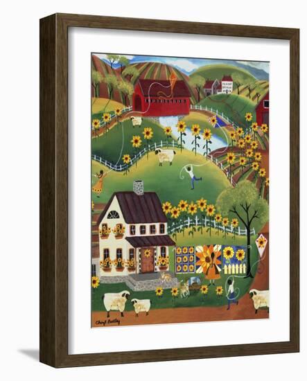 Primitive Quilt Maker House Sunflower Sheep Cheryl Bartley-Cheryl Bartley-Framed Giclee Print