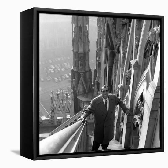 Primo Carnera on a Staircase of the Cathedral of Milan-null-Framed Stretched Canvas