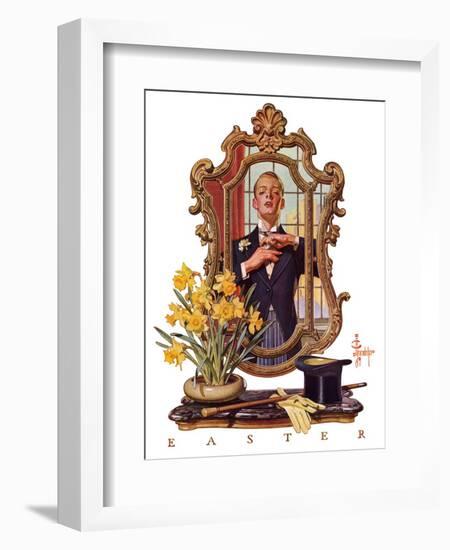 "Primping in Mirror,"April 11, 1936-Joseph Christian Leyendecker-Framed Giclee Print