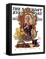 "Primping in Mirror," Saturday Evening Post Cover, April 11, 1936-Joseph Christian Leyendecker-Framed Stretched Canvas