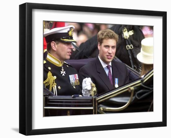 Prince Andrew and Prince William ride down the Mall towards St Paul's, 2002-null-Framed Premium Photographic Print