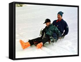 Prince Charles on a Sledge with Prince Harry While on Holiday in Klosters Switzerland January 1997-null-Framed Stretched Canvas