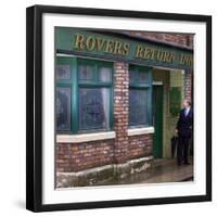 Prince Charles Shelters from the Rain on the Set of "The Soap Coronation Street"-null-Framed Photographic Print