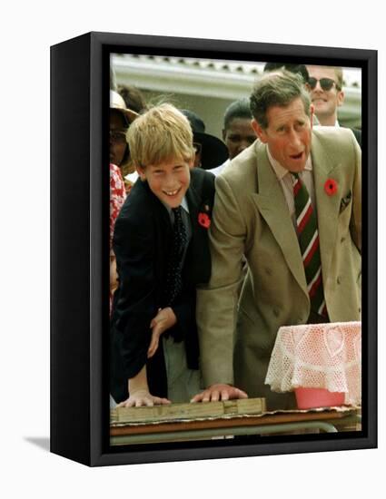 Prince Charles with Son Prince Harry Leaving Hand Prints in Concrete During Tour in South Africa-null-Framed Stretched Canvas