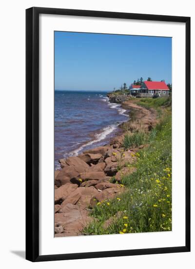 Prince Edward Island, Prim Point Shore and Waves with Red Roof House in Summer with Wildflowers-Bill Bachmann-Framed Photographic Print