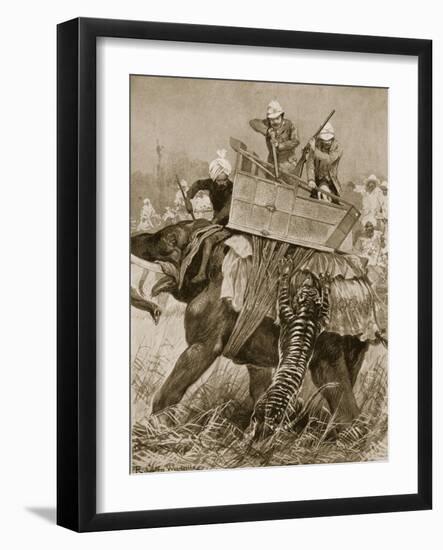 Prince of Wales to India, 1876: Prince's Elephant Charged by Tiger, from 'Illustrated London News'-Richard Caton Woodville-Framed Giclee Print