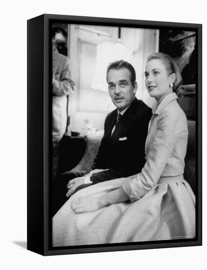 Prince Rainier III with Actress Grace Kelly at the Announcement of Their Engagement-Howard Sochurek-Framed Stretched Canvas