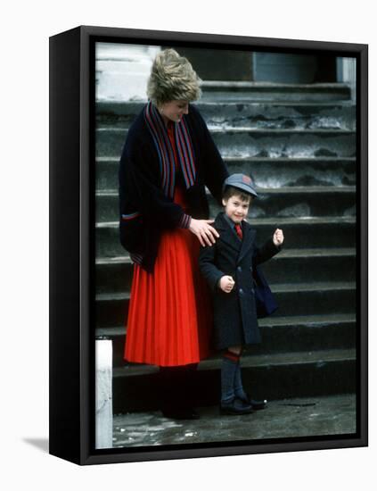 Prince William arriving at his first day at school with his mum Princess Diana-null-Framed Stretched Canvas