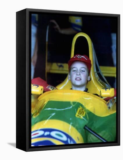 Prince William in F1 Benetton car at British Grand Prix , July 1992-null-Framed Stretched Canvas