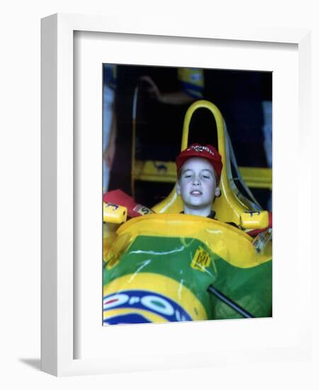 Prince William in F1 Benetton car at British Grand Prix , July 1992-null-Framed Photographic Print