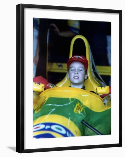 Prince William in F1 Benetton car at British Grand Prix , July 1992-null-Framed Photographic Print