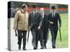 Prince William & Prince Harry wearing tie and traditional bowler hat, attending the Combined Cavalr-null-Stretched Canvas