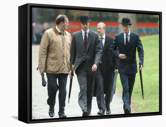 Prince William & Prince Harry wearing tie and traditional bowler hat, attending the Combined Cavalr-null-Framed Stretched Canvas