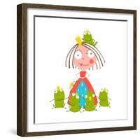 Princess and Many Prince Frogs Portrait Colored Drawing. Colorful Fun Childish Hand Drawn Illustrat-Popmarleo-Framed Premium Giclee Print