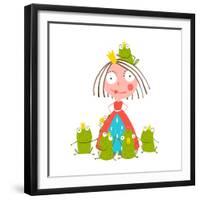 Princess and Many Prince Frogs Portrait Colored Drawing. Colorful Fun Childish Hand Drawn Illustrat-Popmarleo-Framed Premium Giclee Print