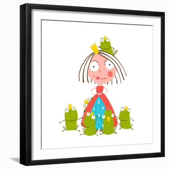 Princess and Many Prince Frogs Portrait Colored Drawing. Colorful Fun Childish Hand Drawn Illustrat-Popmarleo-Framed Premium Giclee Print