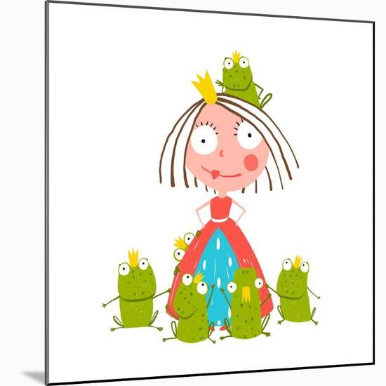 Princess and Many Prince Frogs Portrait Colored Drawing. Colorful Fun Childish Hand Drawn Illustrat-Popmarleo-Mounted Premium Giclee Print