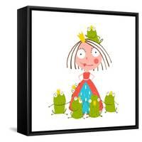 Princess and Many Prince Frogs Portrait Colored Drawing. Colorful Fun Childish Hand Drawn Illustrat-Popmarleo-Framed Stretched Canvas