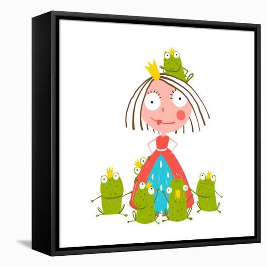 Princess and Many Prince Frogs Portrait Colored Drawing. Colorful Fun Childish Hand Drawn Illustrat-Popmarleo-Framed Stretched Canvas