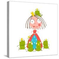 Princess and Many Prince Frogs Portrait Colored Drawing. Colorful Fun Childish Hand Drawn Illustrat-Popmarleo-Stretched Canvas