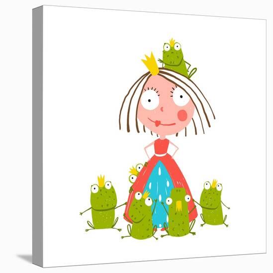 Princess and Many Prince Frogs Portrait Colored Drawing. Colorful Fun Childish Hand Drawn Illustrat-Popmarleo-Stretched Canvas