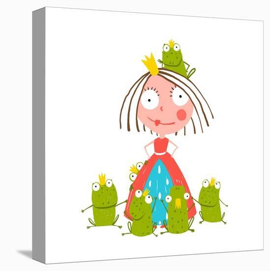 Princess and Many Prince Frogs Portrait Colored Drawing. Colorful Fun Childish Hand Drawn Illustrat-Popmarleo-Stretched Canvas