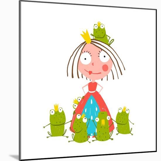 Princess and Many Prince Frogs Portrait Colored Drawing. Colorful Fun Childish Hand Drawn Illustrat-Popmarleo-Mounted Art Print