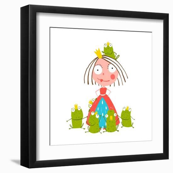 Princess and Many Prince Frogs Portrait Colored Drawing. Colorful Fun Childish Hand Drawn Illustrat-Popmarleo-Framed Art Print