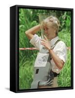 Princess Diana Adjusts Her Face Protector During Her Visit to Mine Fields in Haumbo Angola-null-Framed Stretched Canvas